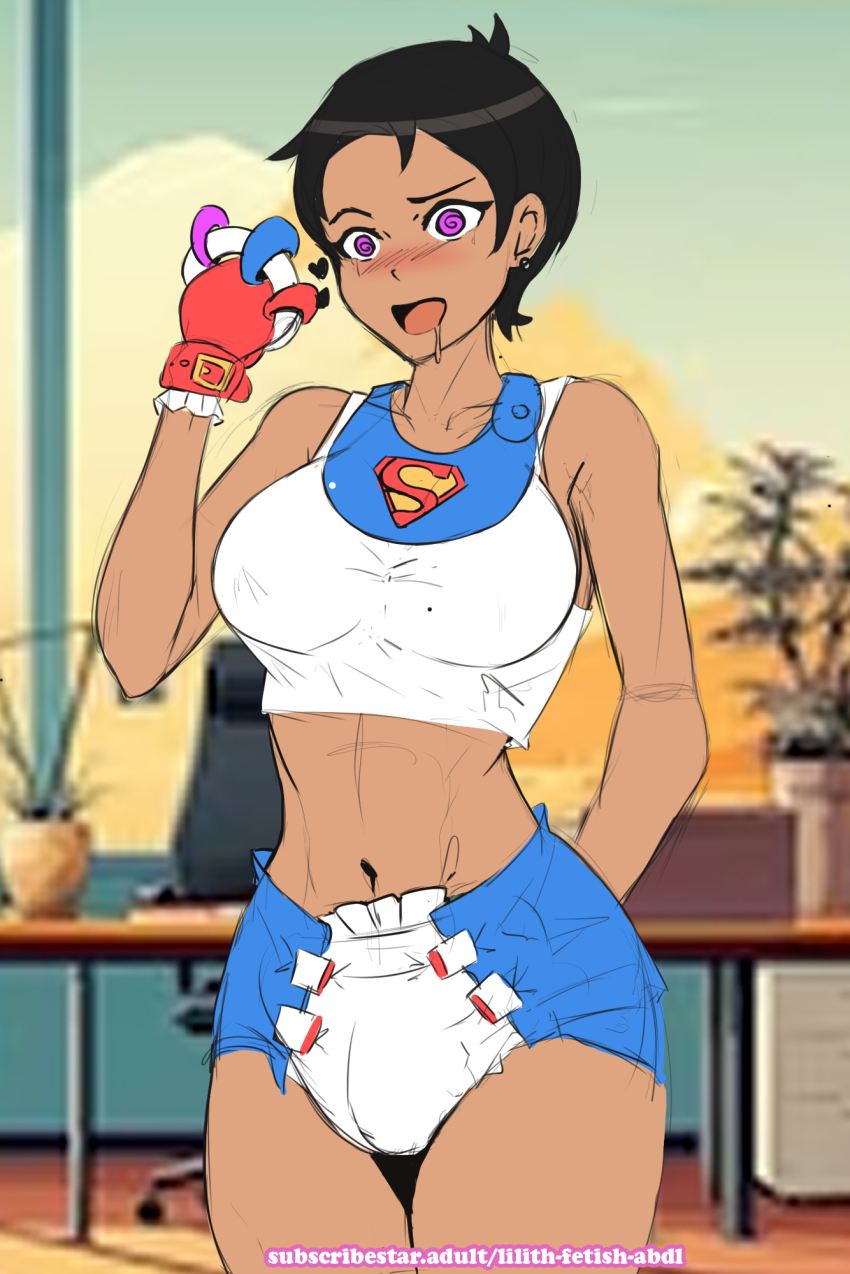 age_regression bib black_hair blush clothed crop_top dc_comics diaper drool female_only femsub gloves lilith-fetish lois_lane my_adventures_with_superman pink_eyes solo spiral spiral_eyes tears tomboy