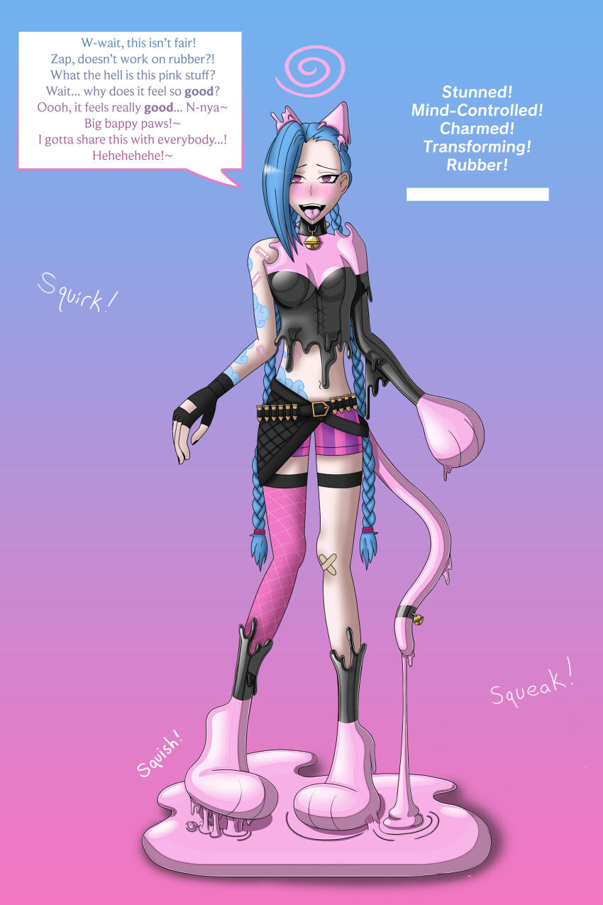blush corruption fake_animal_ears fake_tail femsub happy_trance jinx_(lol) league_of_legends parasite slime squeaky_sin text tongue tongue_out transformation