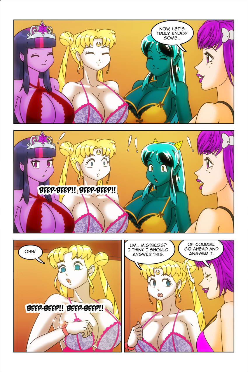 bare_shoulders blonde_hair blue_eyes bow cleavage closed_eyes crown equestria_girls facial_markings femdom femsub freckles green_skin hair_buns kimberly_smith_(daveyboysmith9) large_breasts lingerie long_hair lum midriff multicolored_hair my_little_pony open_mouth original princess purple_eyes purple_hair purple_lipstick purple_skin royalty sailor_moon sailor_moon_(series) short_hair smile twilight_sparkle twintails wadevezecha wrist_band