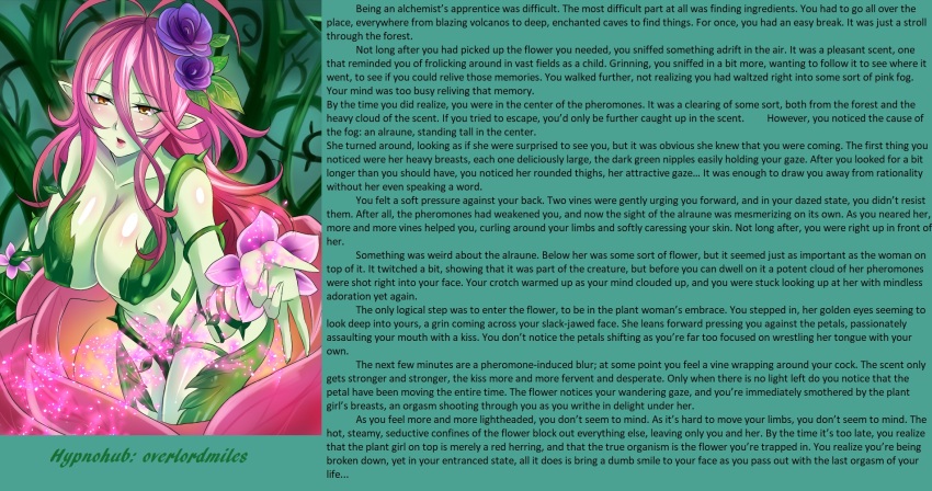 breasts caption cleavage death female_only femdom flower hypnotic_breasts hypnotic_gas large_breasts long_hair looking_at_viewer manip monster_girl nishidamegane overlordmiles_(manipper) pheromones pink_hair plant_girl pov pov_sub text vore