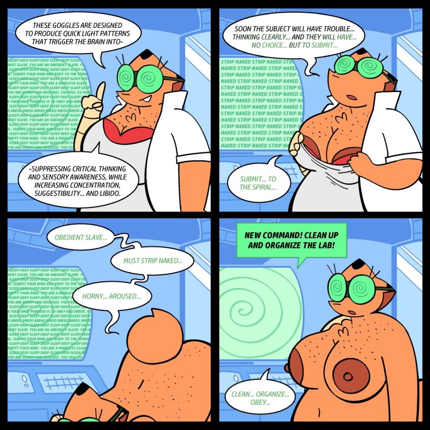 accidental_hypnosis animal_ears bbw bra chubby comic computer consensual expressionless female_only femsub fox_ears freckles furry furryblued0g glasses lab_coat large_breasts looking_at_viewer monitor navel nipples nude open_mouth original self_hypnosis shirt smile solo spiral tail tech_control text undressing wholesome