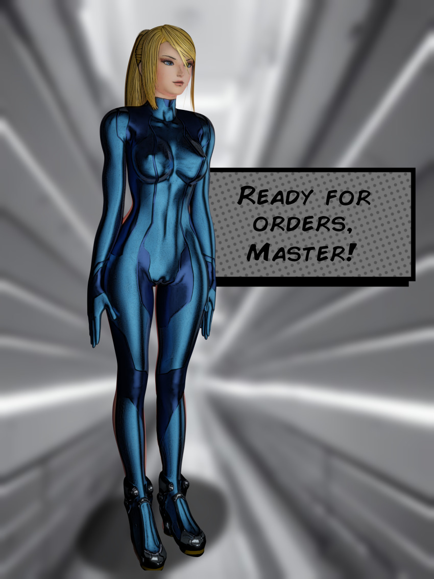 3d absurdres blonde_hair bodysuit cameltoe clothed dialogue dronification erect_nipples_under_clothes expressionless female_only femsub high_heels long_hair maledom metroid_(series) nintendo ponytail saltygauntlet samus_aran simple_background solo standing standing_at_attention text tight_clothing zero_suit