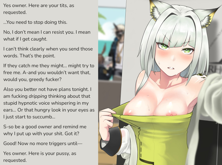 angry animal_ears arknights assertive_sub aware breasts caption caption_only femsub kal'tsit_(arknights) lab_coat looking_at_viewer manip monsieurchuchote_(writer) nipples pov pov_dom text trigger undressing