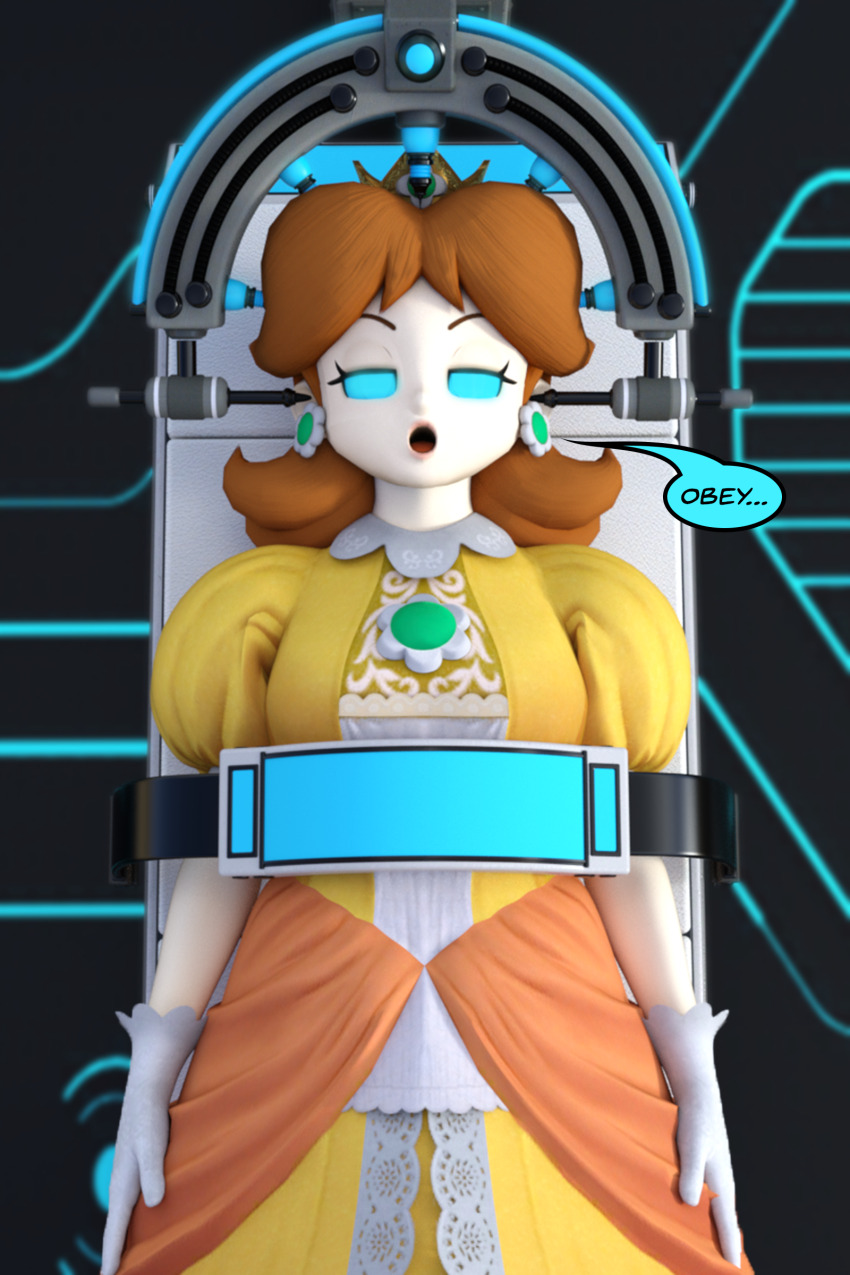 3d absurdres blue_eyes brown_hair crown dialogue dress earrings female_only femsub gloves heavy_eyelids jewelry long_hair nintendo open_mouth princess princess_daisy restrained solo speech_bubble super_mario_bros. tech_control text theheckle whitewash_eyes