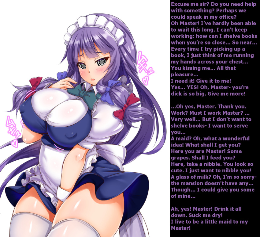 apron blush bow_tie breasts ebi_193 erect_nipples femsub icontrol_(manipper) joking101_(writer) large_breasts long_hair looking_at_viewer maid maledom manip open_mouth patchouli_knowledge purple_hair spiral_eyes symbol_in_eyes text thighhighs touhou