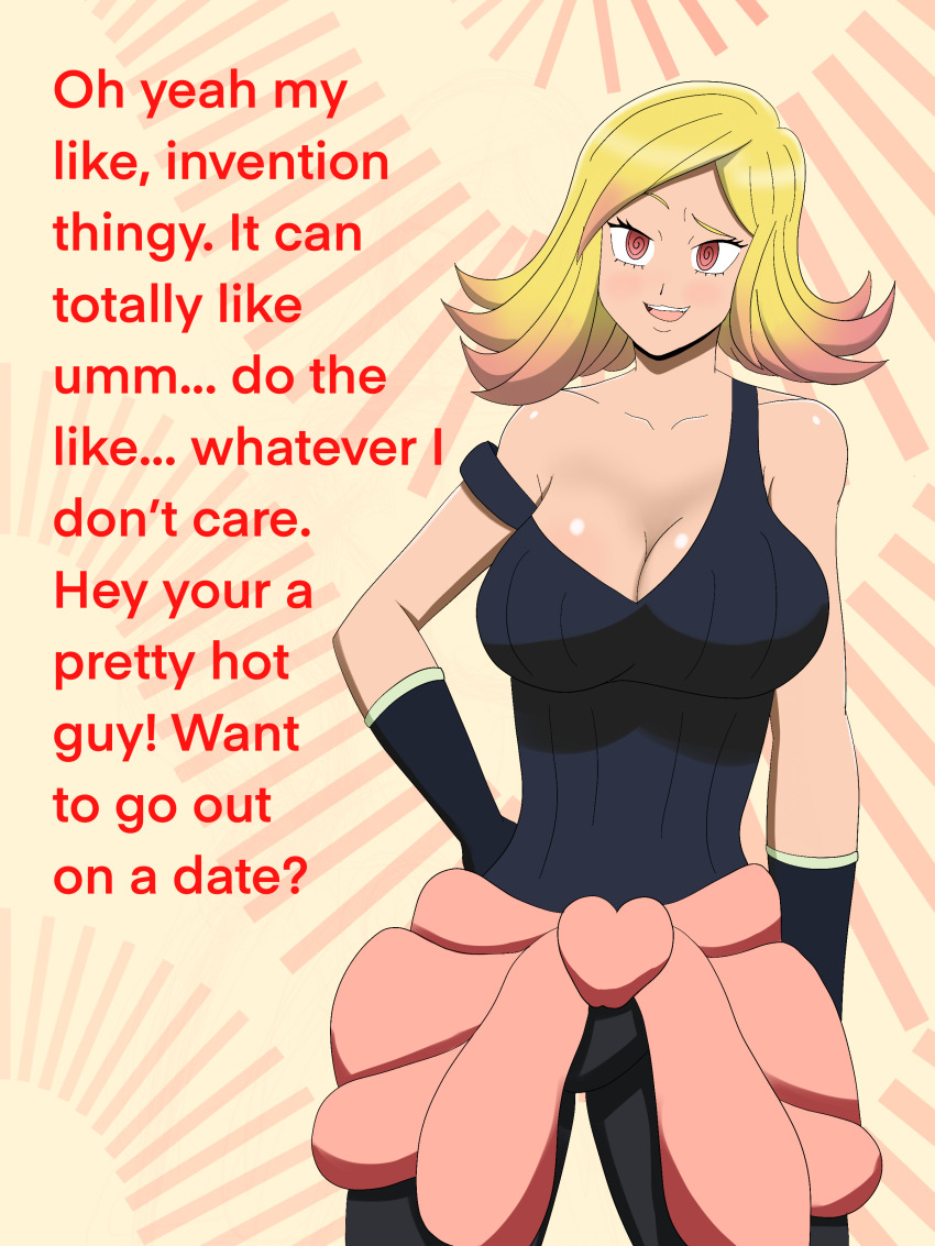absurdres bimbofication blonde_hair breasts cleavage dialogue femsub happy_trance large_breasts mei_hatsume my_hero_academia pink_eyes spiral_eyes syas-nomis symbol_in_eyes text transformation