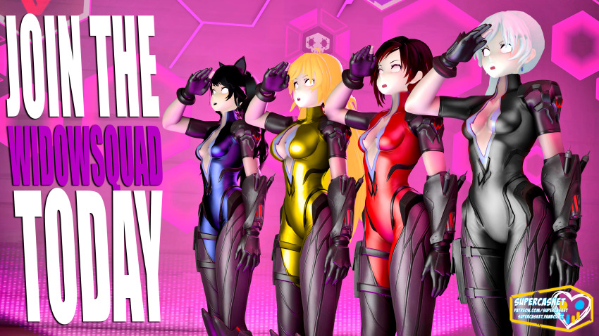 3d absurdres advertisement black_hair blake_belladonna blonde_hair bodysuit breasts empty_eyes female_only femsub large_breasts long_hair open_mouth ruby_rose rwby saluting short_hair standing standing_at_attention supercasket text weiss_schnee yang_xiao_long