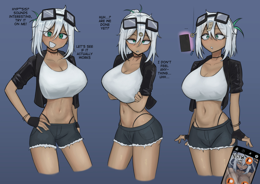 arbrebonk blush choker cleavage collarbone consensual crop_top crossed_eyes dark_skin dazed empty_eyes femsub fingerless_gloves goggles_on_head green_eyes huge_breasts hypnotic_fire jacket jean_shorts large_breasts lighter midriff multiple_methods_of_hypnosis open_mouth pendulum phone shorts smile talisman tank_top text white_hair wide_hips wrist_band