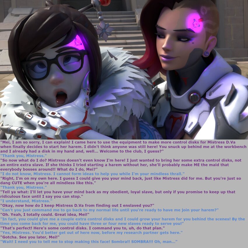 3d brown_hair caption clothed dazed dialogue female_only femdom femsub glasses hypnotic_accessory hypnotized_hypnotist long_hair mei_(overwatch) microchip open_mouth overwatch sombra_(overwatch) spllcstr tech_control text tongue tongue_out