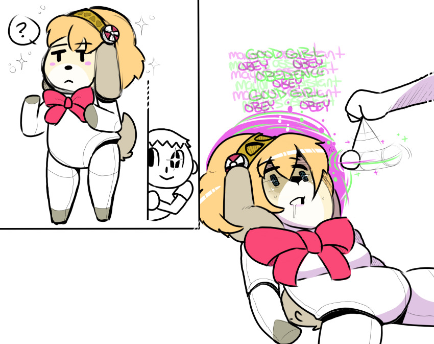aegis_(persona) animal_crossing cleavage dog_girl drool furry isabelle_(animal_crossing) nintendo open_mouth pendulum persona_(series) persona_3 robot short_hair solo spiral_eyes symbol_in_eyes text transformation villager_(animal_crossing)