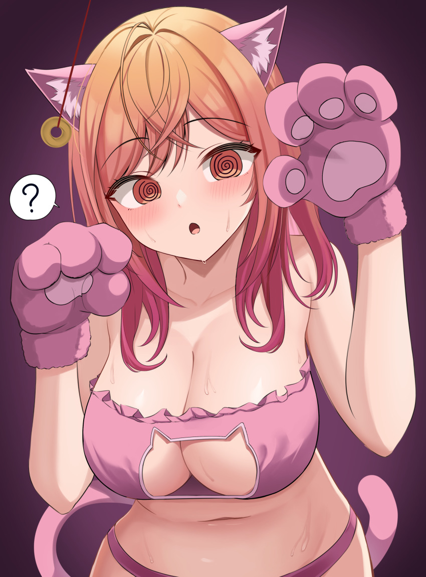 9696k absurdres animal_ears bare_shoulders blush breasts cat_ears cat_girl cat_lingerie cat_tail cleavage cleavage_cutout coin confused expressionless fake_animal_ears fake_tail female_only femsub hololive huge_breasts long_hair looking_at_viewer multicolored_hair navel open_mouth orange_eyes orange_hair paws pendulum ririka_ichijou simple_background solo spiral_eyes sweat symbol_in_eyes