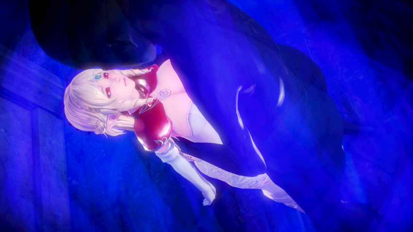 3d blonde_hair boots breasts cape cleavage corruption elf elf_ears femsub gloves glowing high_heels honey_select_2 hug huge_breasts large_breasts leotard long_hair magic maledom ojisan opera_gloves red_eyes thick_thighs thighhighs