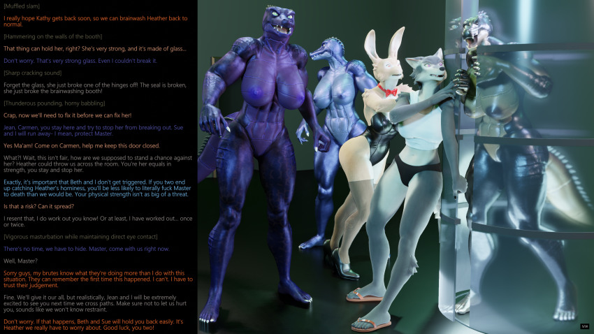 3d aphrodisiac bethany_(thalarynth) breasts bunny_girl caption carmen_(thalarynth) crocodile_girl dialogue furry harem heather_(thalarynth) humor manip multiple_subs muscle_girl original pov pov_dom scalie story sue_(thalarynth) text thalarynth_(manipper) wolf_girl