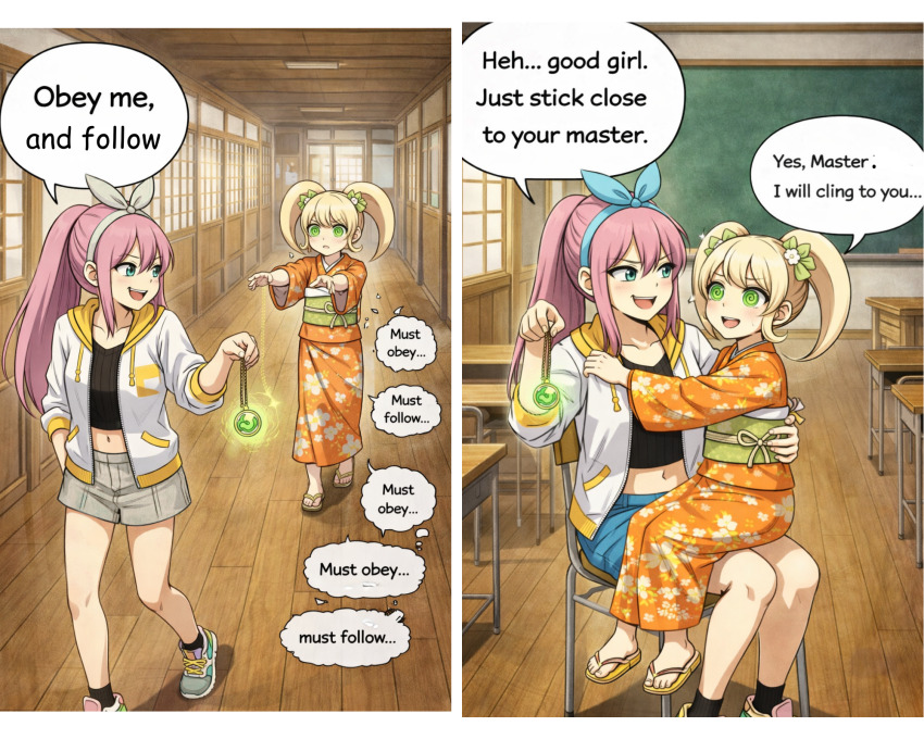 ai_art aubrey_(omori) classroom comic crossover dangan_ronpa femsub green_eyes headband hiyoko_saionji kimono loli night_fire_(generator) omori pendulum pink_hair sandals smile spiral_eyes tomboy zombie_walk