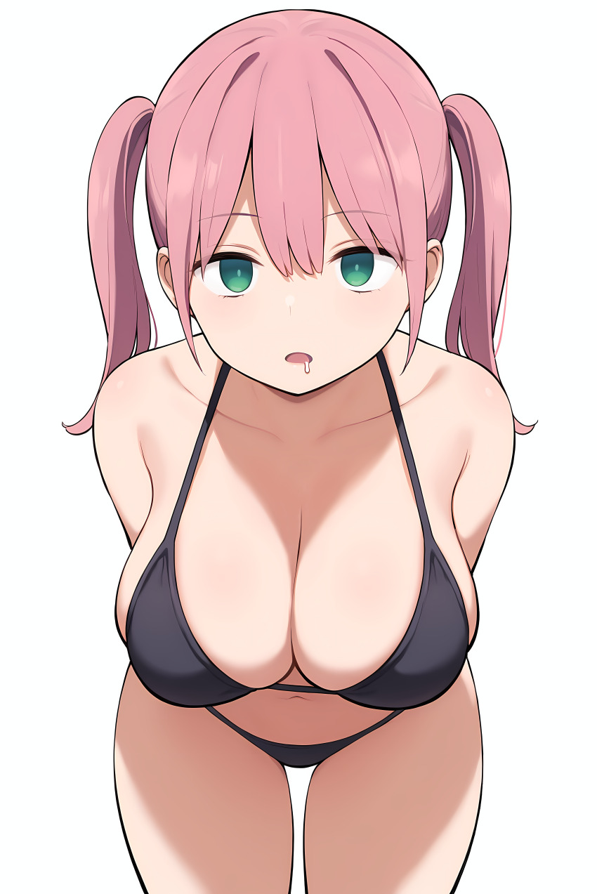 ai_art arms_behind_back bikini cleavage collarbone drool empty_eyes expressionless female_only femsub green_eyes huge_breasts leaning_forward looking_at_viewer male_pov maledom minimimic_(generator) navel open_mouth pink_hair simple_background stable_diffusion_(ai) twintails white_background