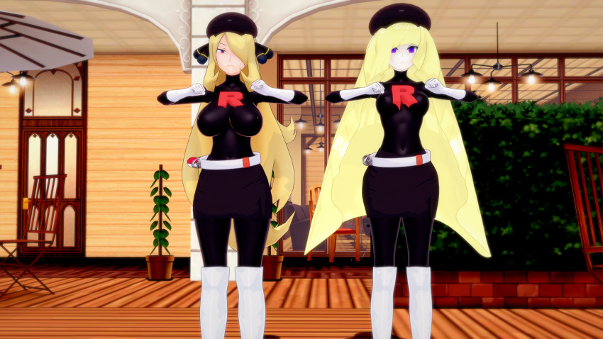 3d blonde_hair breasts chicken_dance chicken_pose cynthia enemy_conversion erect_nipples expressionless female_only femsub hair_covering_one_eye hair_ornament hat huge_breasts long_hair lusamine mochi_dance multiple_girls multiple_subs nintendo peppisu pokemon pokemon_diamond_pearl_and_platinum pokemon_sun_and_moon purple_eyes team_rocket tight_clothing uniform