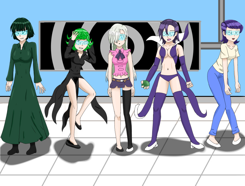 absurdres bare_legs blonde_hair blue_eyes boots cleavage clothed collarbone crop_top dress drool elizabeth_liones expressionless female_only femsub fubuki_(one_punch_man) green_eyes green_hair hair_covering_one_eye hand_on_head hypnotic_accessory jeans komi_can't_communicate komi_shuuko large_breasts leaning_forward lipstick makeup merlin_(the_seven_deadly_sins) midriff miniskirt multiple_girls multiple_subs navel one_punch_man open_mouth pants purple_hair red_lipstick resisting ribbon shirt short_hair sirnothing15 skirt slouching smile spiral spiral_eyes standing standing_at_attention tatsumaki_(one_punch_man) tech_control the_seven_deadly_sins thighhighs very_long_hair visor