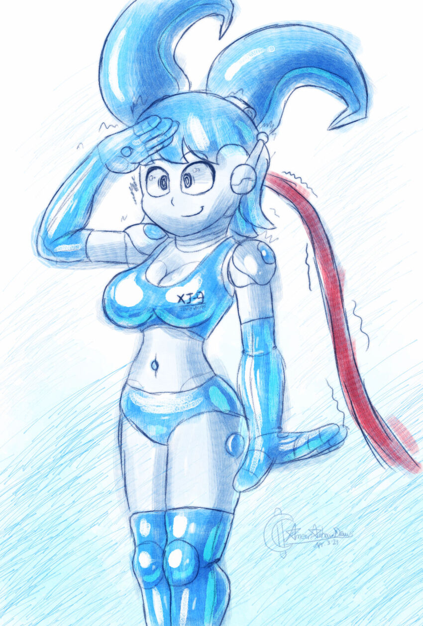 ameerashourdraws antenna black_eyes blue_hair bra cables cleavage femsub gradient_background happy_trance jenny_wakeman my_life_as_a_teenage_robot navel opera_gloves panties saluting simple_background sketch smile tech_control thighhighs traditional trembling twintails underwear white_skin wires