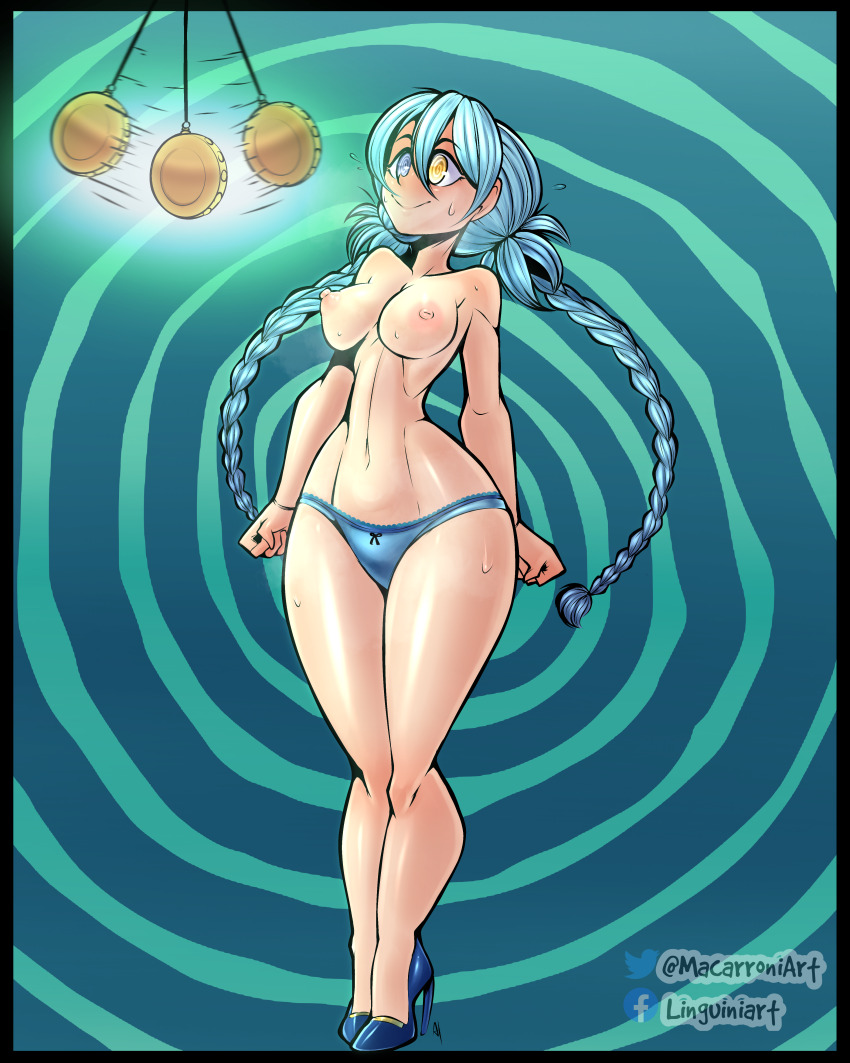 absurdres ai_somnium_files bare_legs blue_hair breasts erect_nipples female_only femsub heterochromia high_heels large_hips macarroniart mizuki_date navel nipples panties pendulum smile spiral_background spiral_eyes standing standing_at_attention sweat symbol_in_eyes topless twin_braids twintails underwear very_long_hair watermark