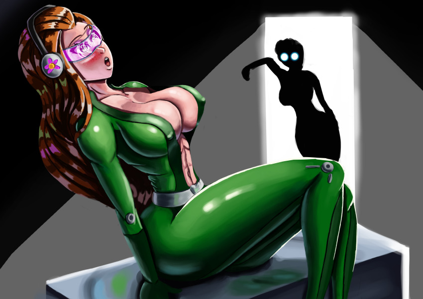 absurdres bodysuit breasts cleavage expressionless female_only femdom femsub foolycooly headphones hypnotic_accessory large_breasts latex legs long_hair open_mouth orange_hair red_hair sam tech_control totally_spies visor
