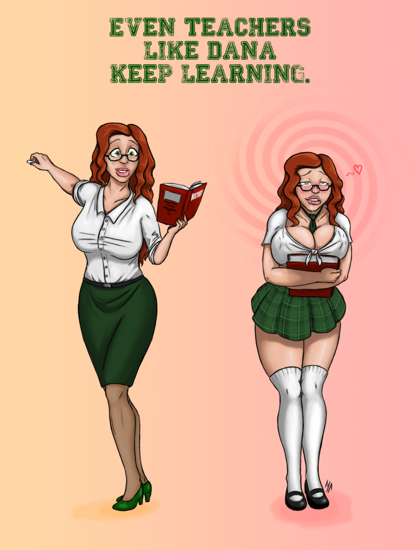 advertisement before_and_after blush book breast_press breasts dana_(hypnolion) drool empty_eyes femsub glasses green_eyes happy_trance hypnolion large_breasts lip_biting long_hair original red_hair school_uniform skirt spiral teacher text thighhighs tie