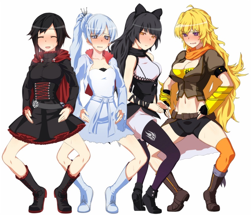 artist_request belt black_hair blake_belladonna blonde_hair blue_eyes blush body_control boots bow_tie breasts cat_girl embarrassed femsub fingerless_gloves gloves haigure knee-high_boots large_breasts long_hair midriff multiple_girls ponytail purple_eyes ruby_rose rwby short_hair short_shorts shorts simple_background skirt small_breasts thighhighs unhappy_trance very_long_hair weiss_schnee white_background white_hair yang_xiao_long yellow_eyes