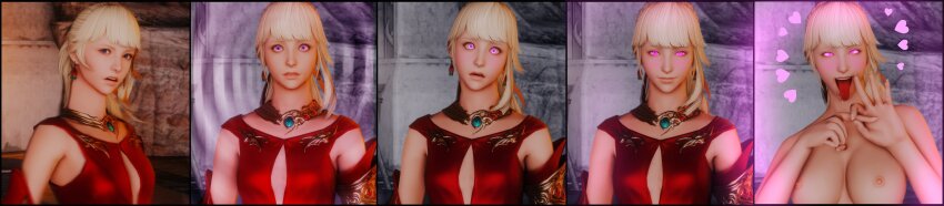 3d absurdres ahoge blonde_hair blush bottomless breasts comic female_only femsub final_fantasy final_fantasy_xiv glowing glowing_eyes long_hair lyse_hext necklace nude pink_eyes spiral square_enix symbol_in_eyes t'lira_rhen tongue tongue_out topless