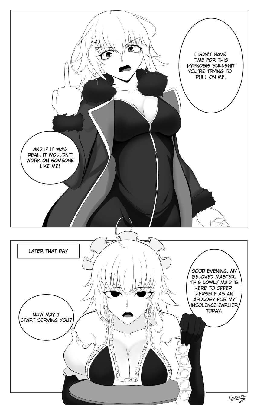 absurdres angry before_and_after cleavage condom denial dialogue empty_eyes english_text eroborne fate/grand_order fate_(series) femsub greyscale jeanne_alter jeanne_d'arc_(fate) lingerie maid right_to_left speech_bubble text underwear