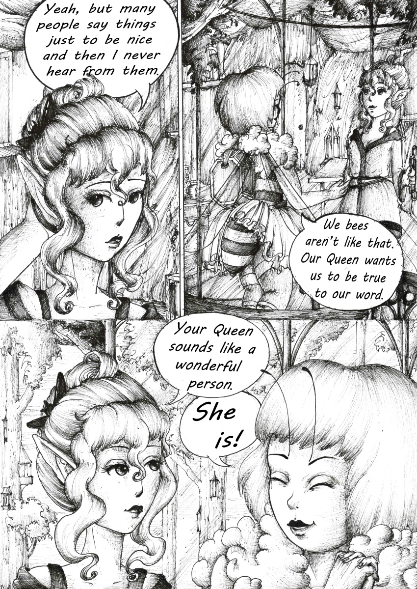 absurdres bee_girl black_sclera breasts bug_girl comic elf elf_ears female_only greyscale justsketchingviolets large_breasts monochrome original short_hair text traditional wings