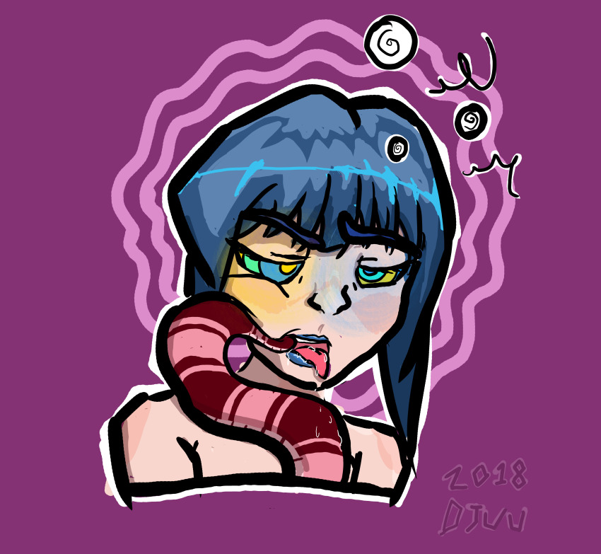 absurdres blue_hair blue_lipstick coils dazed djuuicebox drool femsub hypnotic_eyes kaa_eyes lipstick open_mouth original resisting simple_background snake tongue tongue_out