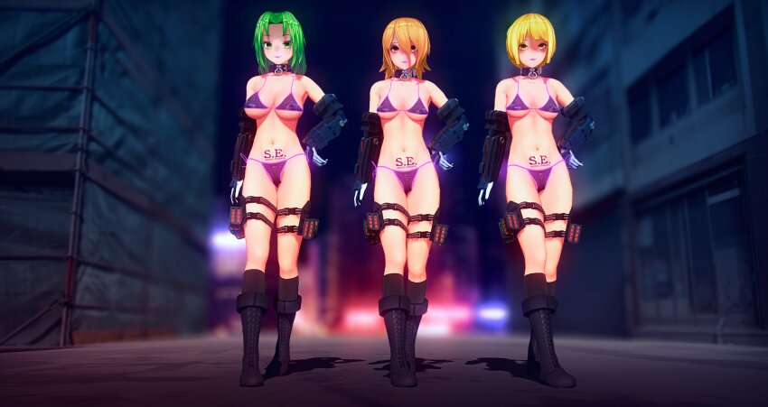 3d bikini blonde_hair boots breasts cleavage collar crotch_tattoo custom_maid_3d_2 empty_eyes female_only femsub garter gloves green_eyes green_hair hand_on_hip happy_trance high_heels large_breasts lipstick long_hair looking_at_viewer multiple_girls multiple_subs navel opera_gloves orange_eyes orange_hair outdoors pink_lipstick short_hair smile socks socks_anan standing tattoo yellow_eyes