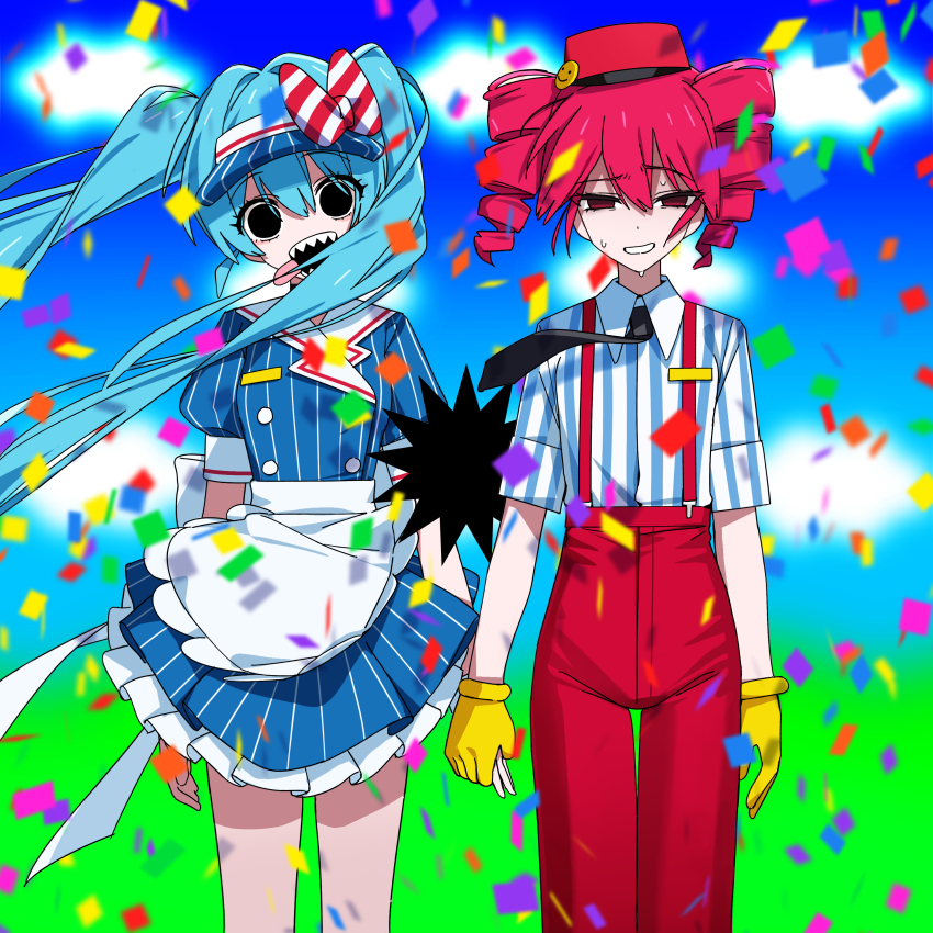 black_eyes blue_hair caststation clothed collar empty_eyes eyebrows_visible_through_hair fangs female_only femsub gloves hat heavy_eyelids holding_hands looking_at_viewer mesmerizer_(vocaloid) miku_hatsune open_mouth pants red_eyes red_hair ribbon shirt skirt standing sweat t-shirt teto_kasane tie tongue_out twin_braids twintails vocaloid waitress yuri