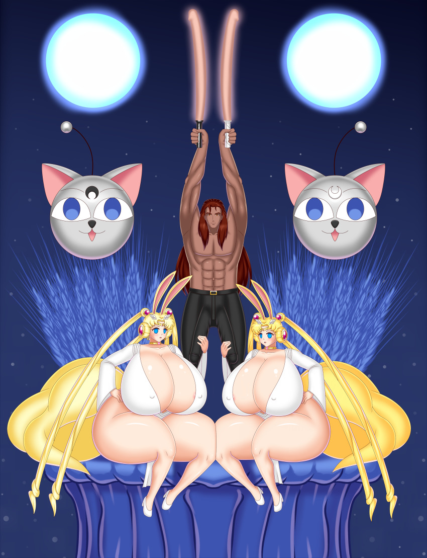 absurdres bluebullpen breasts bulge cleavage empty_eyes femsub henry_d._damien_(shadowprince50) hyper_breasts large_breasts lightsaber maledom mother_and_daughter original queen queen_serenity sailor_moon sailor_moon_(series) twintails weapon