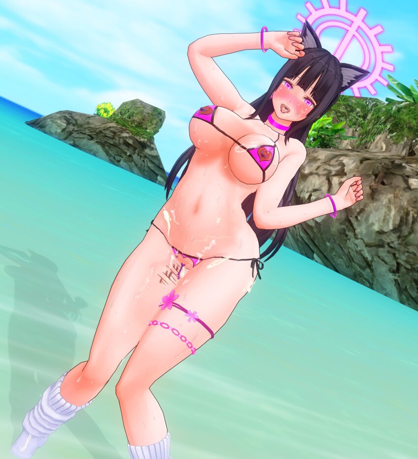 3d absurdres animal_ears armpits bikini bikini_bottom bikini_top black_hair blush breasts cat_ears cat_girl choker cleavage clothed_exposure crotch_cutout cuffs custom_maid_3d_2 dfish303 drool earrings erect_nipples female_only femsub garter glowing halo heart heart_eyes large_breasts long_hair looking_at_viewer navel nipple_cutout nipple_piercing open_mouth piercing pink_eyes pubic_hair pussy_juice sex_toy socks solo sweat symbol_in_eyes tongue tongue_out vibrator wet