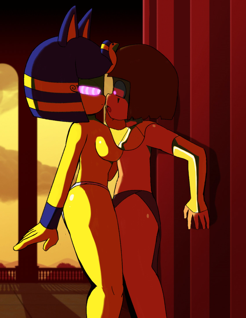against_wall androgynous androgynous_sub animal_crossing animated animated_gif ankha_(animal_crossing) arm_warmers bare_legs blue_hair breast_press breasts brown_hair bulge cat_girl clothed_sex egyptian expressionless femdom glowing_eyes heavy_eyelids hypnotic_eyes light_skin loincloth malesub mind_break nintendo open_mouth panties pink_eyes pstash ring_eyes sex shrunken_irises standing thighjob villager_(animal_crossing) yellow_skin