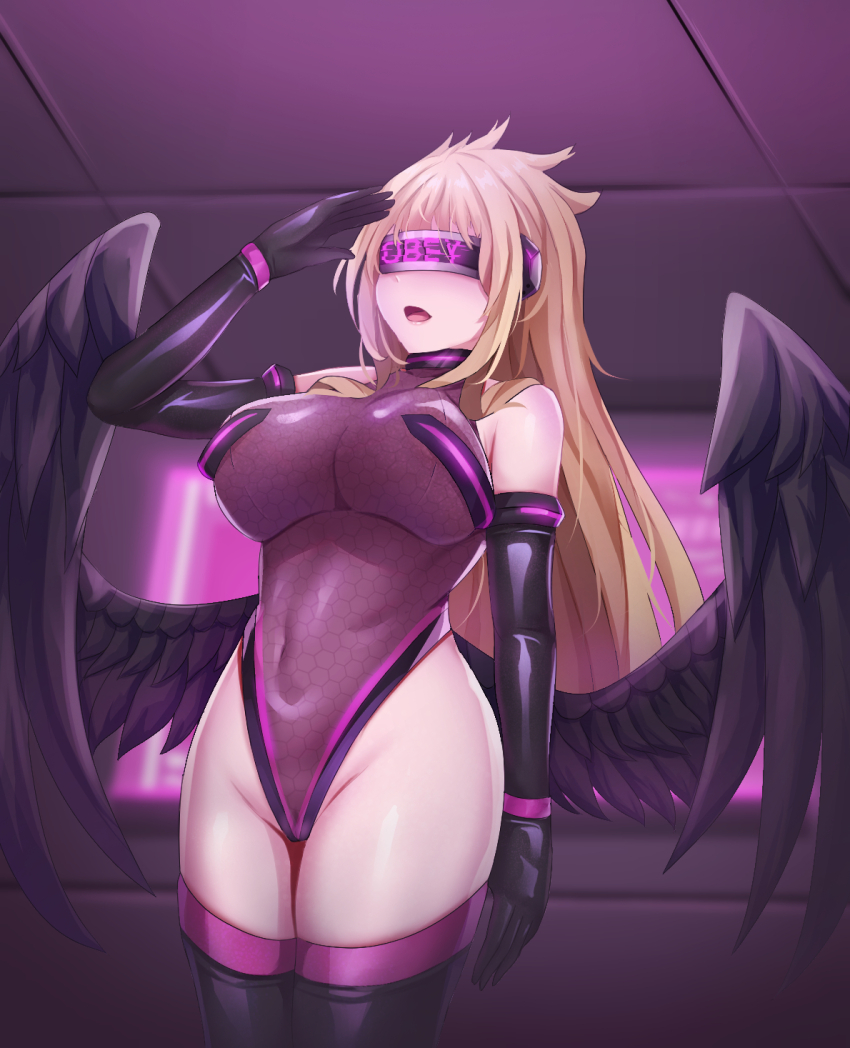 angel angel_girl bare_shoulders blonde_hair boots cameltoe collar drone expressionless female_only femsub gloves headphones large_breasts leotard long_hair monitor mountain_boomer open_mouth opera_gloves original rubber saluting see-through solo standing standing_at_attention tech_control text thigh_boots thighhighs very_long_hair visor wide_hips wings