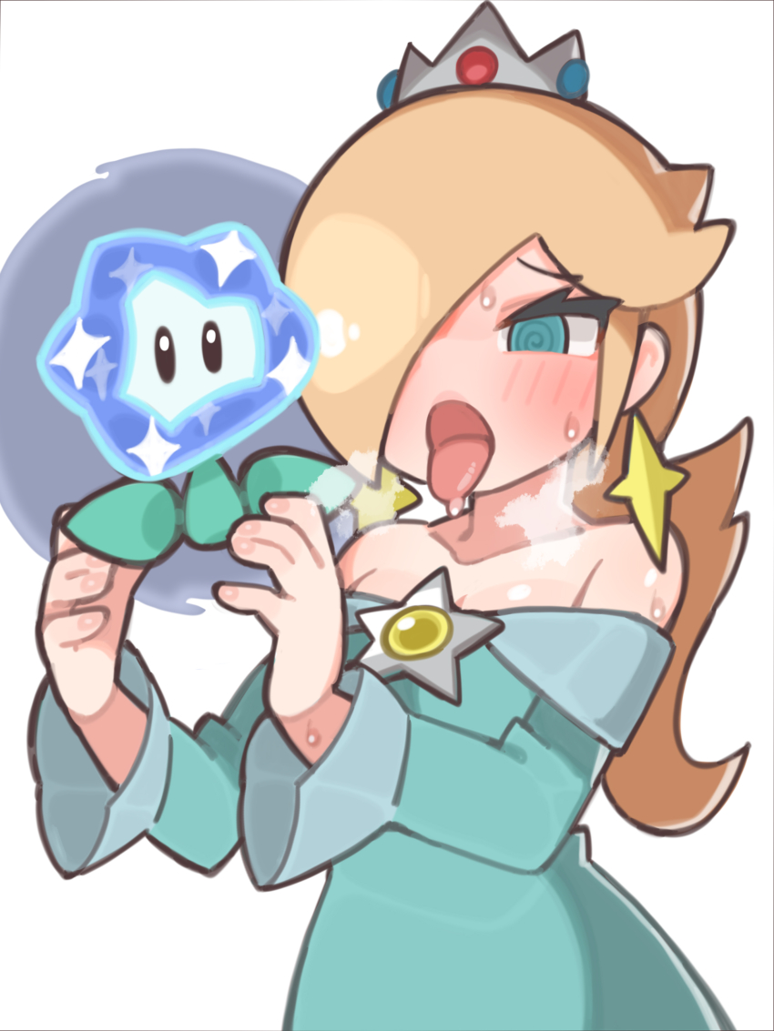 absurdres bare_shoulders blue_eyes blush breath clothed collarbone dress earrings female_only femsub glowing hair_covering_one_eye hypnotic_plant nintendo open_mouth princess princess_rosalina simple_background spiral_eyes suiran super_mario_bros. super_mario_bros._wonder super_mario_galaxy sweat symbol_in_eyes tongue tongue_out white_background