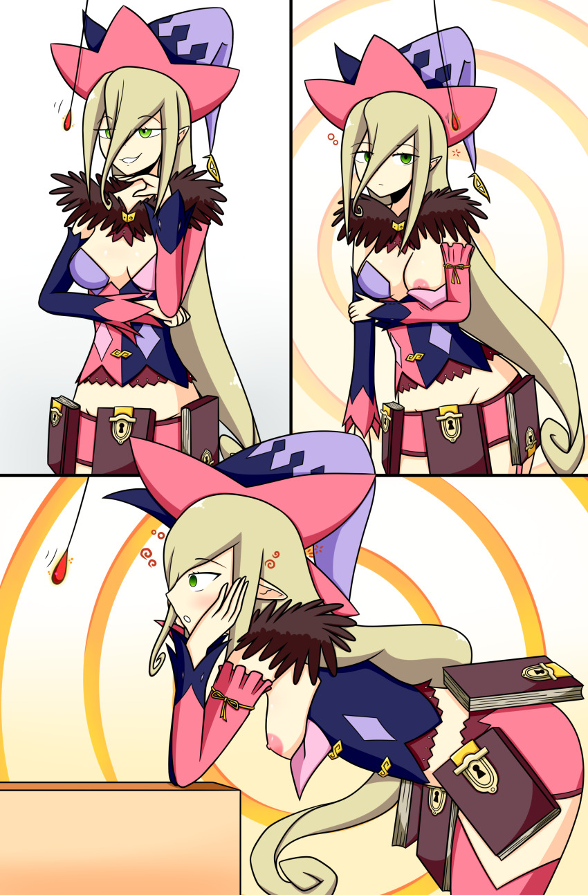 absurdres ass blonde_hair blush breasts breasts_outside clothed_exposure comic crystal dazed elf_ears empty_eyes expressionless female_only femsub green_eyes hat leaning_forward long_hair magilou_(tales) open_clothes pendulum shorts sortish tales_of_(series) tales_of_berseria witch witch_hat