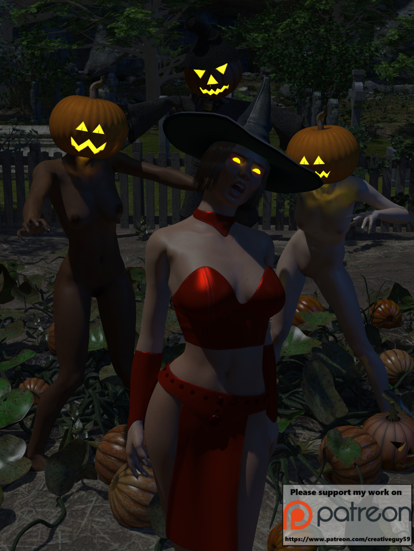 3d corruption creativeguy59 evil_smile female_only glowing glowing_eyes halloween hat jack_o'_lantern loincloth midriff multiple_girls open_mouth original pumpkin smile watermark witch_hat zombie_walk