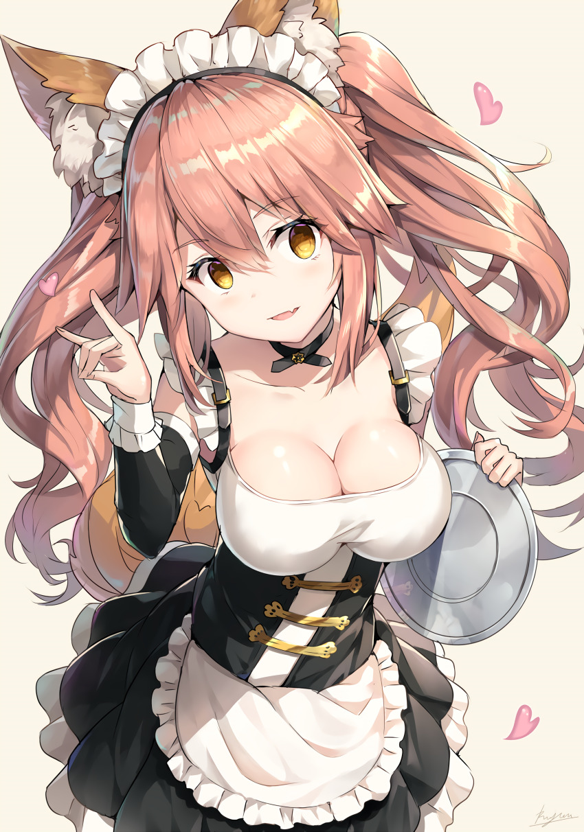 absurdres breasts caster_(fate/extra) emphaticpikachu_(manipper) empty_eyes fate/extra fate_(series) female_only fox_ears fox_girl happy_trance large_breasts long_hair maid maid_headdress open_mouth pink_hair rin_yuu tray