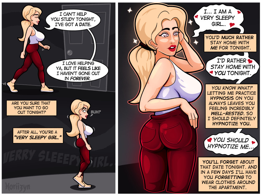 absurdres ass before_and_after blonde_hair clothed comic dialogue femsub grey_background hand_on_head hand_on_hip heart horiizyn jeans large_ass large_breasts lipstick open_mouth original ponytail red_lipstick simple_background speech_bubble spiral_eyes tank_top text tight_clothing trigger unaware