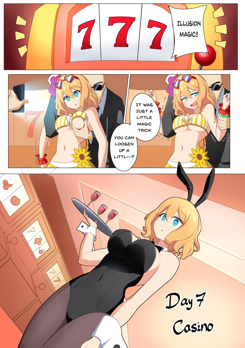 before_and_after bikini blonde_hair breast_grab breasts bunny_girl bunnysuit cell_phone comic cuffs empty_eyes english_text etlabsotwe expressionless fake_animal_ears femsub groping hypnotic_screen hypnovember illumine_(world_flipper) large_breasts maledom short_hair speech_bubble standing standing_at_attention symbol_in_eyes tech_control text tray waitress world_flipper