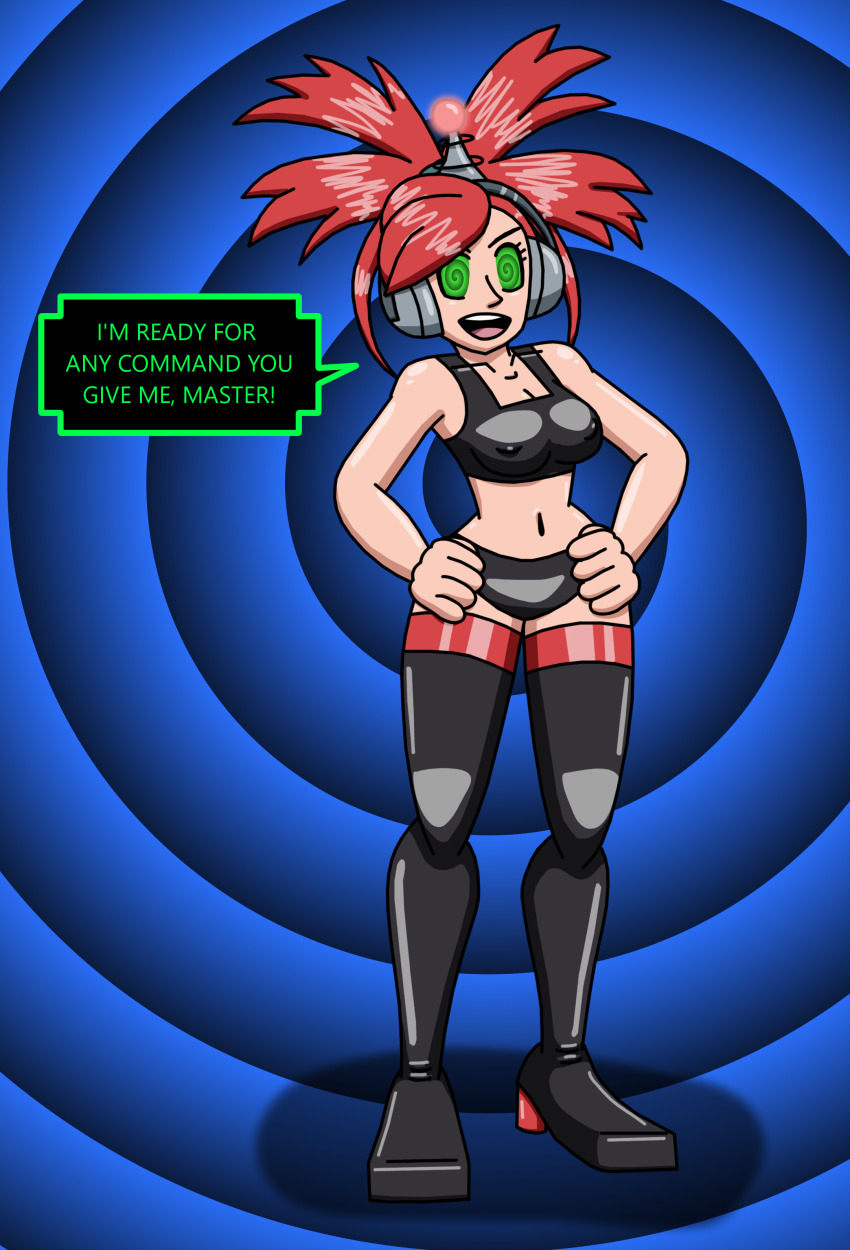 absurdres antenna breasts empty_eyes erect_nipples female_only fembot femsub flannery happy_trance headphones hypnotic_accessory latex nintendo open_mouth pokemon pokemon_ruby_sapphire_and_emerald ponytail red_hair robotization short_hair smile spiral_eyes supertechno324 symbol_in_eyes tech_control text thighhighs