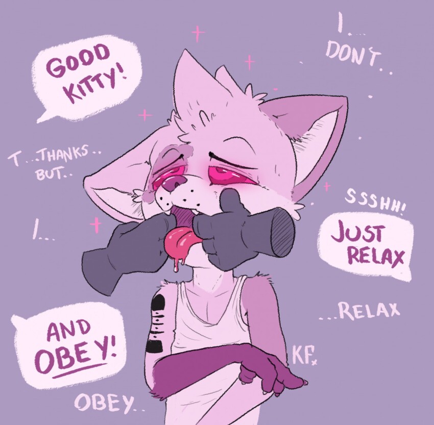 cat_boy collarbone dialogue drool fangs finger_in_mouth furry glowing_eyes heavy_eyelids kaa_eyes katxlogan male_only malesub open_mouth phantom_hand pink_skin purple_eyes ring_eyes simple_background speech_bubble tank_top tattoo text tongue tongue_out