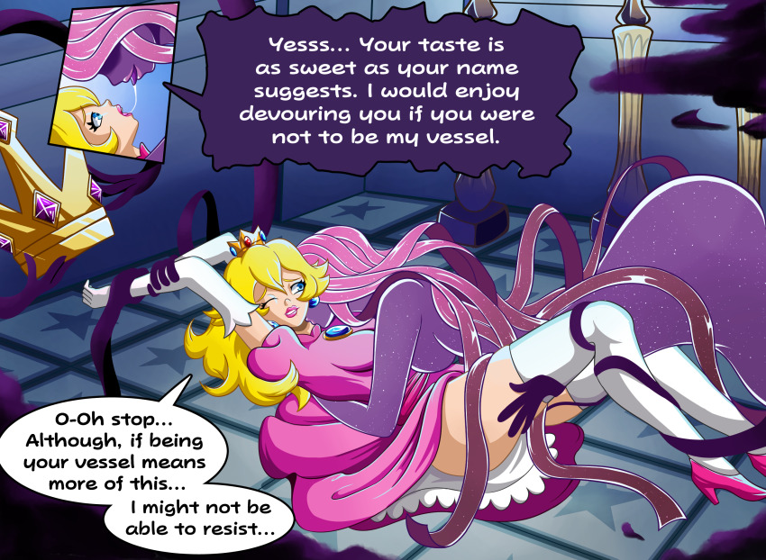 absurdres arms_above_head blonde_hair blue_eyes crown dialogue english_text female_only femdom femsub mind_break nintendo one_eye_open paper_mario paper_mario:_the_thousand_year_door princess princess_peach queen restrained royalty shadow_queen speech_bubble spit_trail super_mario_bros. tagme text thiccncute yuri