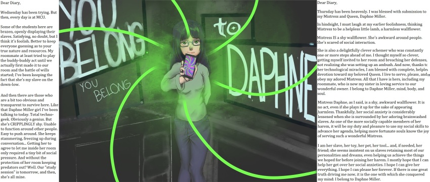 black_hair caption daphne_miller female_only femdom gguy123 glasses green_eyes long_hair looking_at_viewer manip mind_control_university original pov pov_sub smile spiral sunt-ermico_(manipper) tech_control text