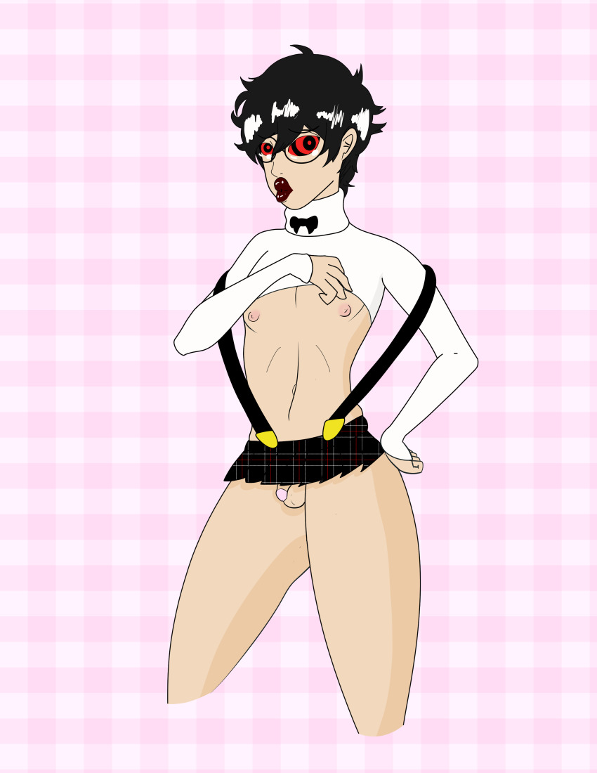 absurdres balls black_eyes black_hair black_lipstick bottomless bow_tie clothed_exposure femboy feminization glasses hand_on_hip joker_(persona_5) large_lips lipstick makeup male_only malesub miniskirt nipples open_clothes penis persona_(series) persona_5 pixelbar red_eyes ring_eyes short_hair simple_background skirt small_penis solo spiral_eyes standing suspenders