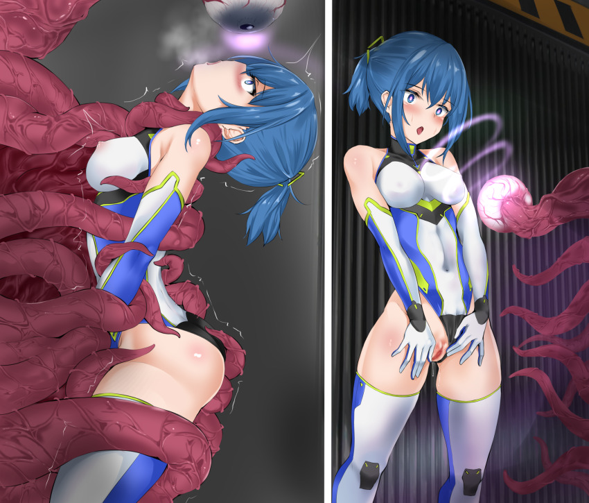 bangs bare_shoulders before_and_after blue_eyes blue_hair blush boots breasts breath comic crotch_rub dazed drool erect_nipples erect_nipples_under_clothes femsub gloves glowing grey_background hypnotic_tentacle koshianmakimaki leotard monster multicolored_hair open_mouth opera_gloves original pink_eyes ponytail pussy pussy_juice short_hair shrunken_irises simple_background standing sweat tentacle_sex tentacles thigh_boots thighhighs trembling undressing undressing_command