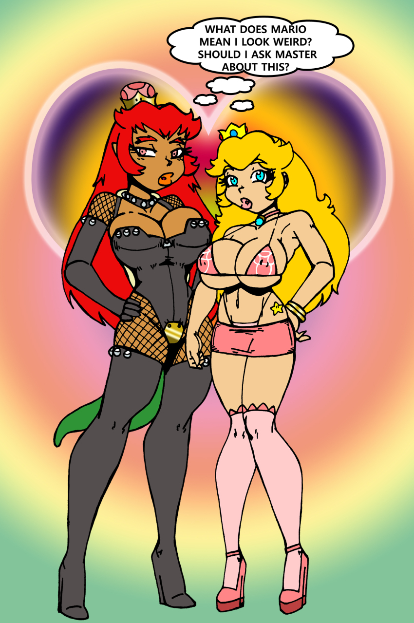 absurdres bimbofication blonde_hair bowsette breasts collar crazycowproductions crown femsub happy_trance jewelry large_breasts long_hair maledom multiple_girls new_super_mario_bros._u_deluxe nintendo open_mouth princess princess_peach red_hair super_crown super_mario_bros. text