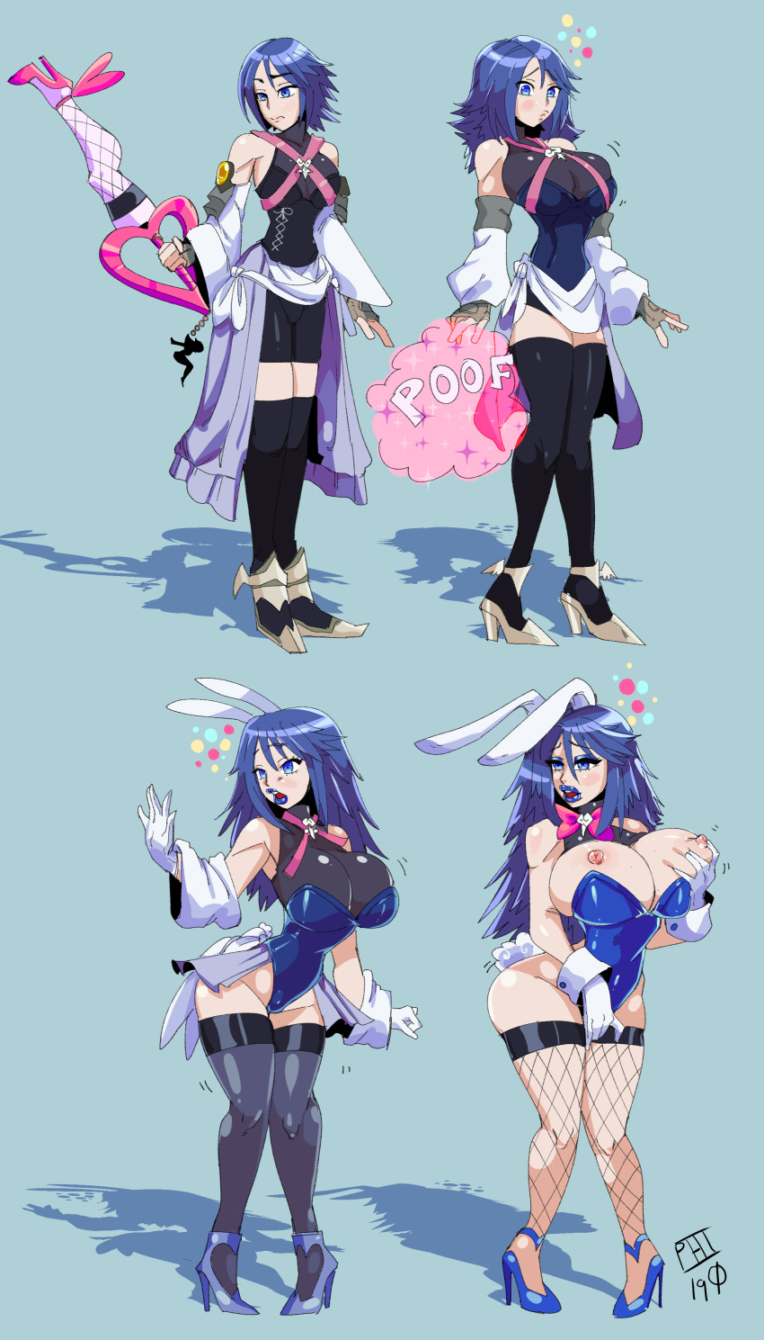absurdres alternate_costume alternate_hairstyle aqua_(kingdom_hearts) ass_expansion before_and_after bimbofication bimbophi blue_eyes blue_hair blue_lipstick bow_tie breast_expansion breast_fondling breasts bunny_ears cuffs exposed_chest eyeshadow fake_animal_ears fake_tail femsub fingerless_gloves fishnets gloves hair_growth high_heels hourglass_figure huge_breasts huge_hips hypnotic_accessory kingdom_hearts knees_together large_lips lip_expansion lipstick long_hair makeup masturbation nipple_tweak nipples open_clothes open_mouth opera_gloves short_hair shorts signature simple_background standing thighhighs transformation very_long_hair